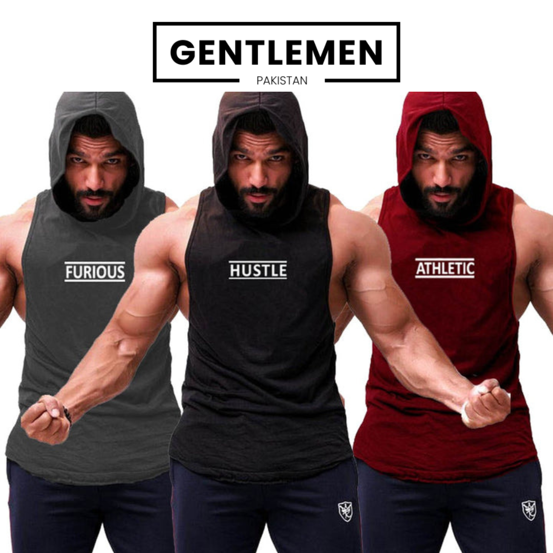 Pack of 3 Printed gym sleeveless hoodie sando tanks 004