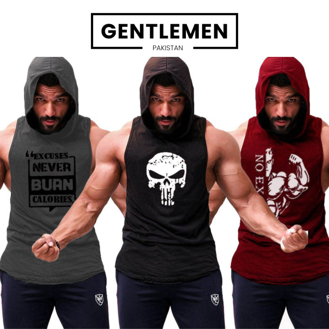Pack of 3 Printed gym sleeveless hoodie sando tanks 001
