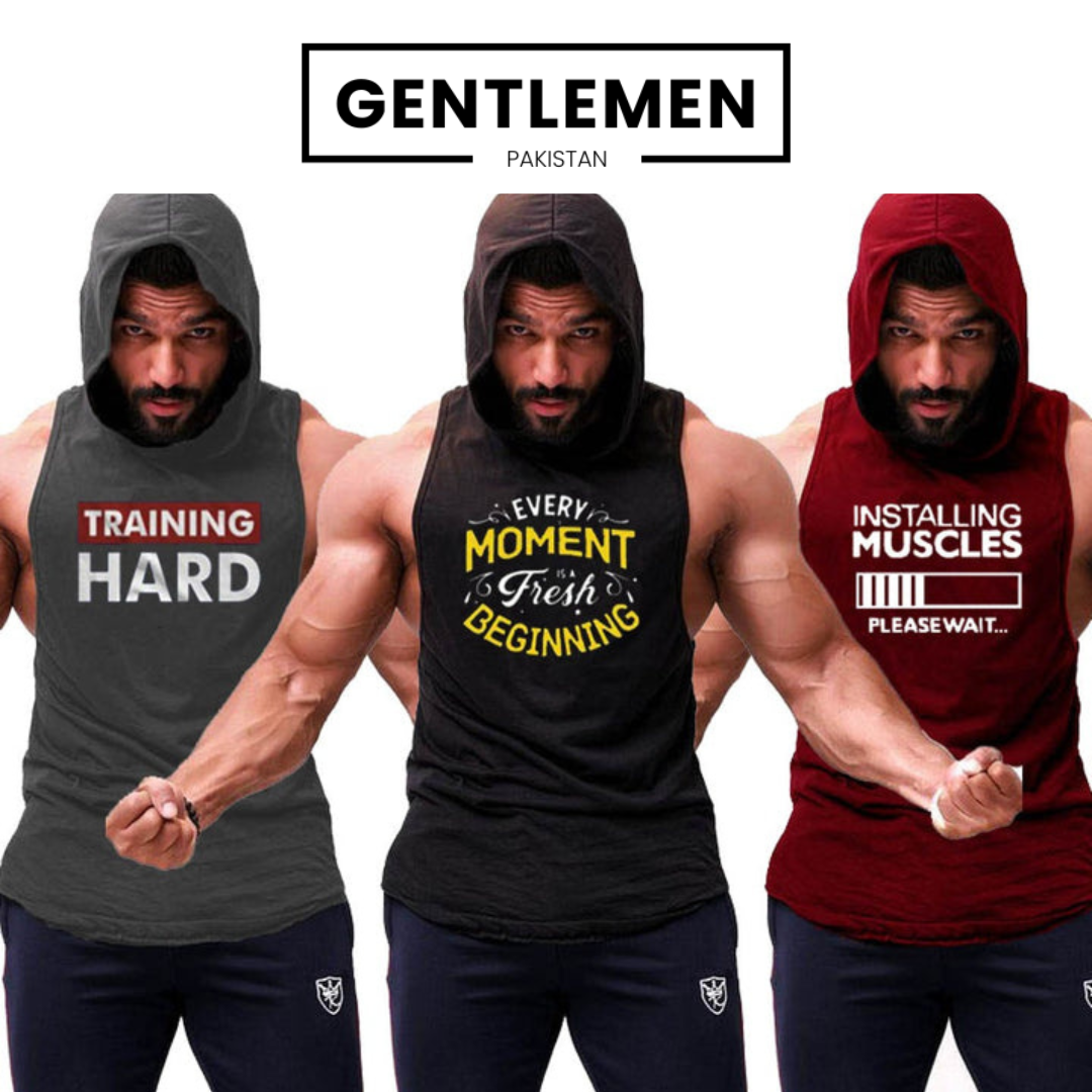 Pack of 3 Printed gym sleeveless hoodie sando tanks 003